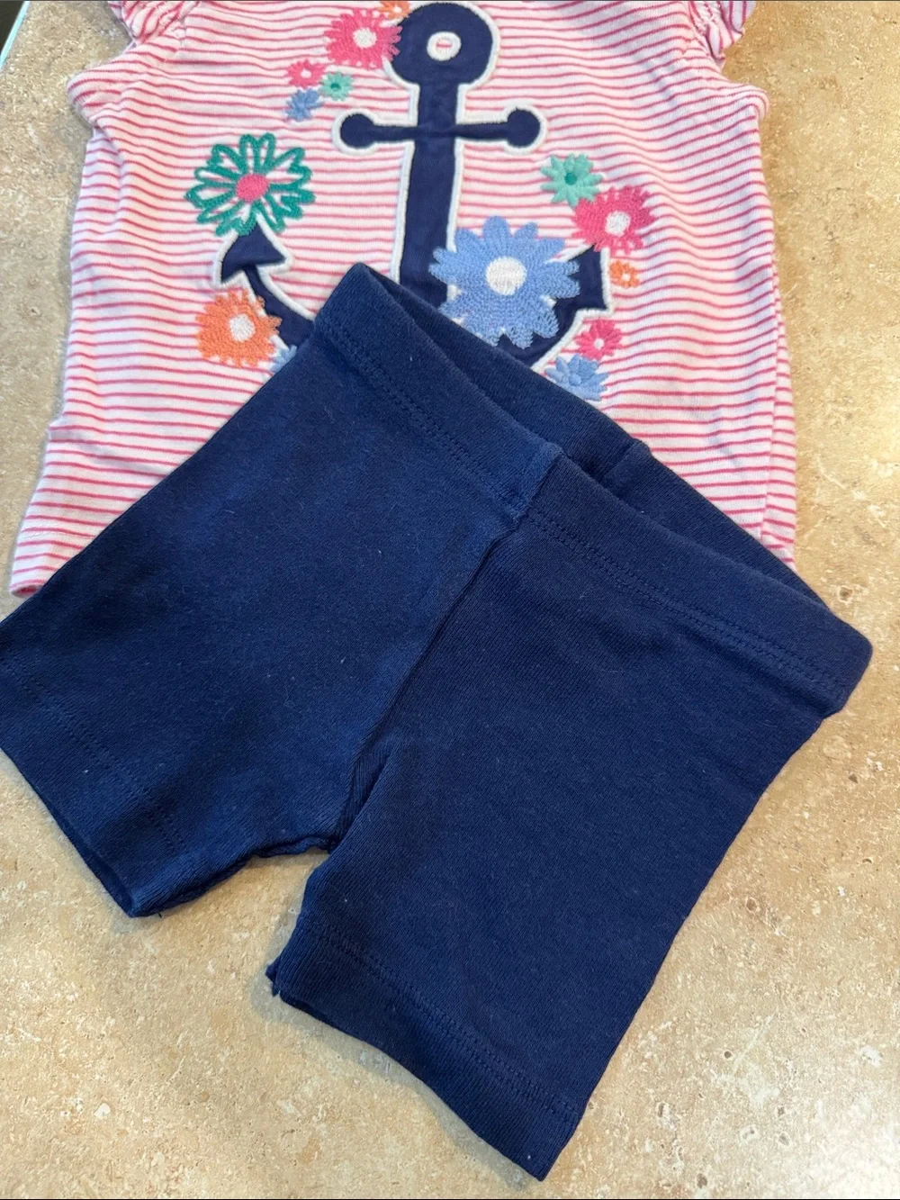 Gymboree Pink Striped Tee with Navy Anchor and Floral Appliqués with Navy short.